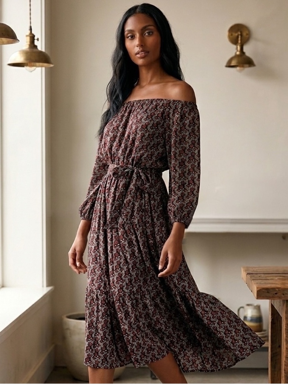 Lulus Off Shoulder Floral Midi Dress Boho Cottagecore Long Sleeve S